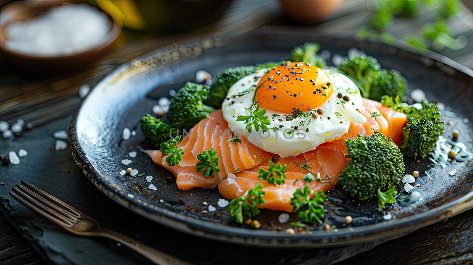 A gourmet plate features salmon fillets layered with a sunny-side-up egg, surrounded by vibrant green broccoli, herbs, and a sprinkle of sea salt, showcasing culinary artistry.