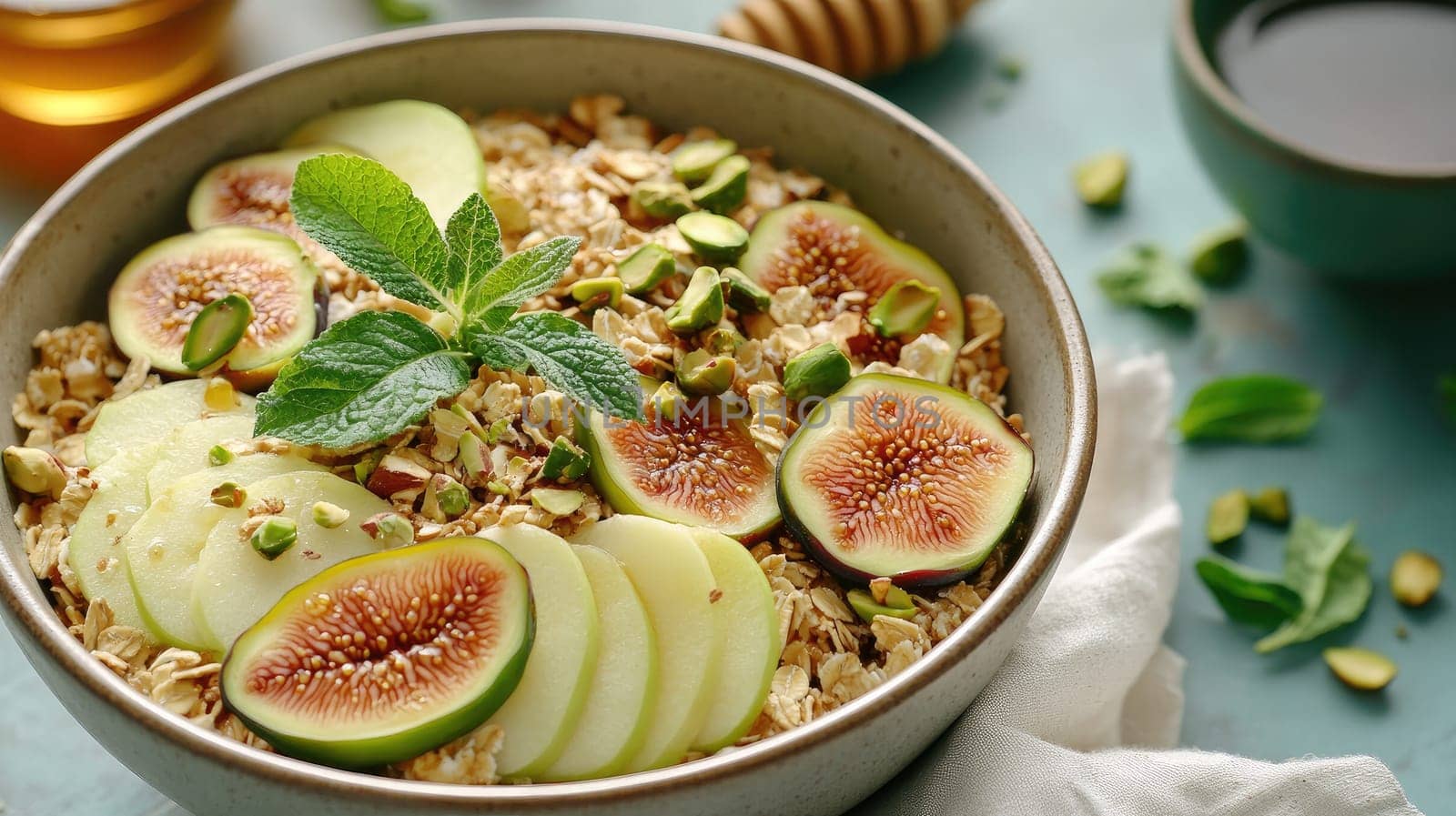A colorful bowl of oatmeal is topped with fresh figs, apple slices, crushed pistachios, and a sprig of mint. This nutritious breakfast offers a blend of flavors and textures.