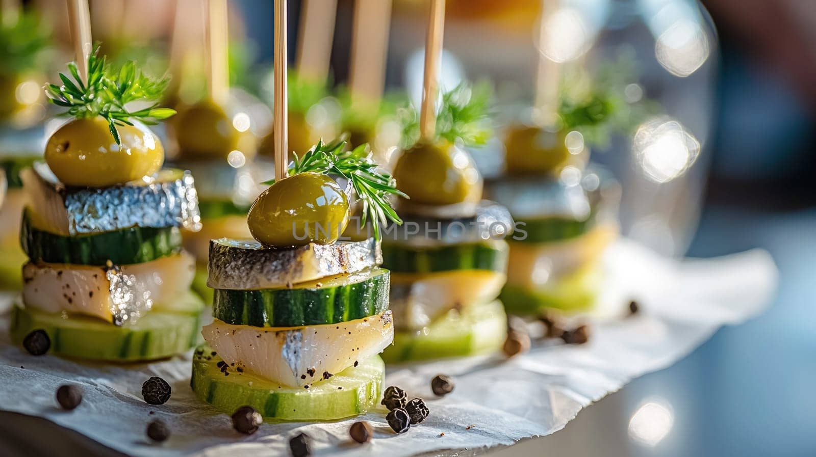 Colorful skewers display layers of fish, olives, and fresh cucumbers, ready to be served at a vibrant gathering. The enticing arrangement invites guests to indulge in these unique flavors.