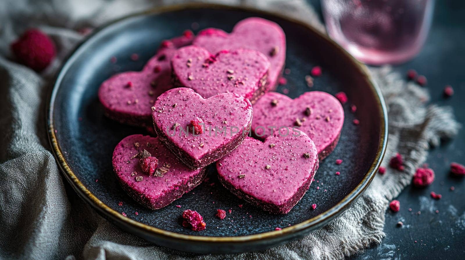 Delicate raspberry-flavored desserts shaped like hearts are arranged neatly on a dark plate.