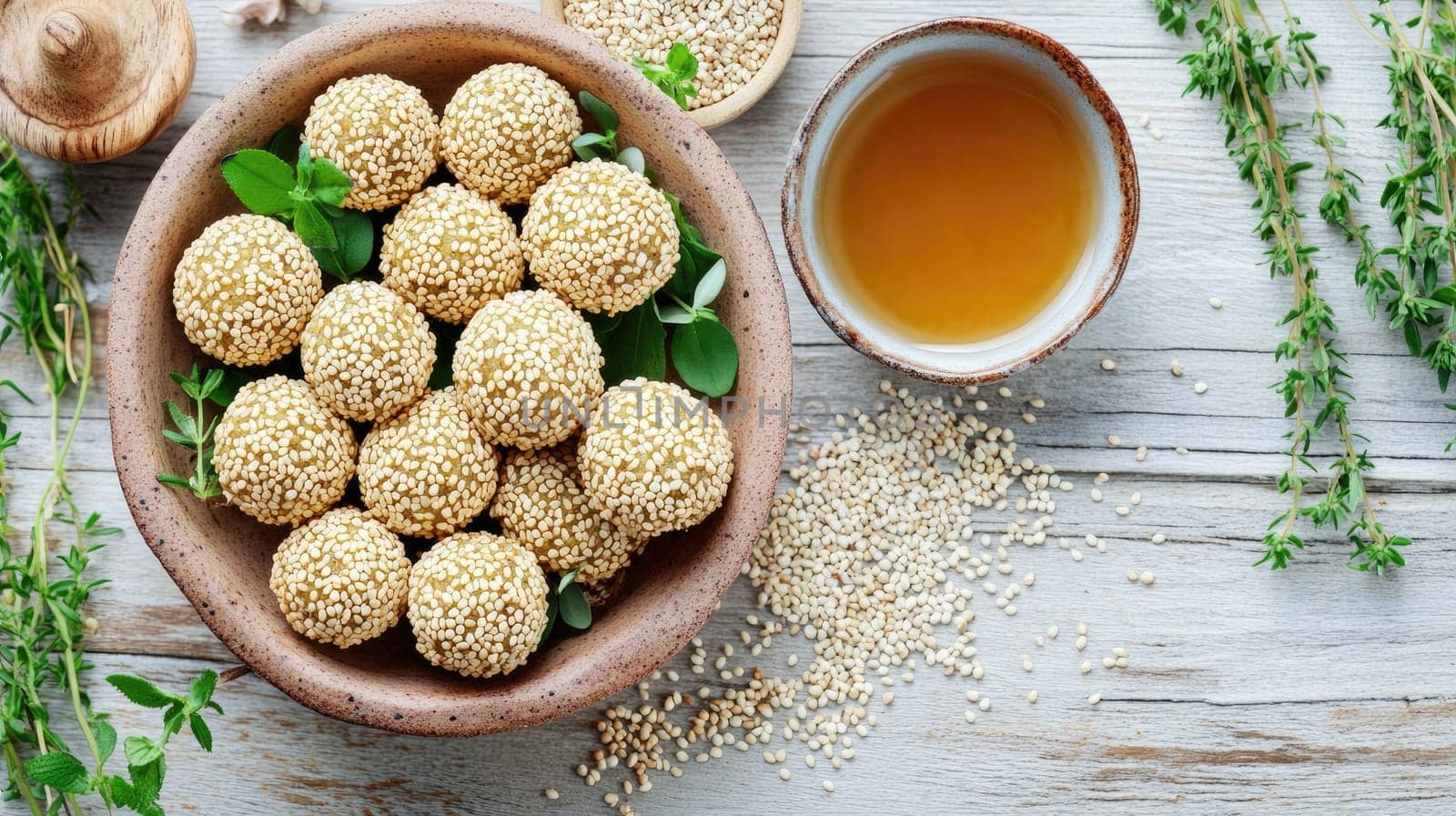 Small, round sesame balls are arranged in a clay bowl surrounded by fresh herbs and a small bowl of olive oil. The rustic wooden surface enhances the authentic look of the arrangement.