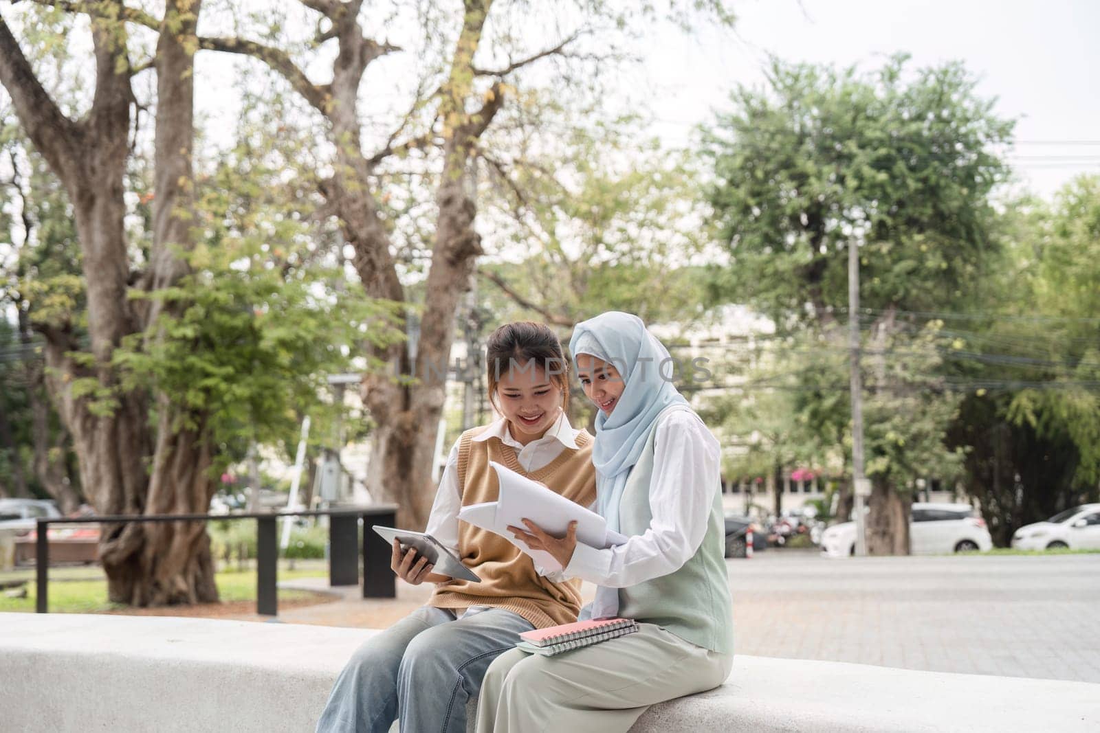 Two diverse women, one in a hijab, studying together outdoors, sharing knowledge and supporting each other in an academic setting.