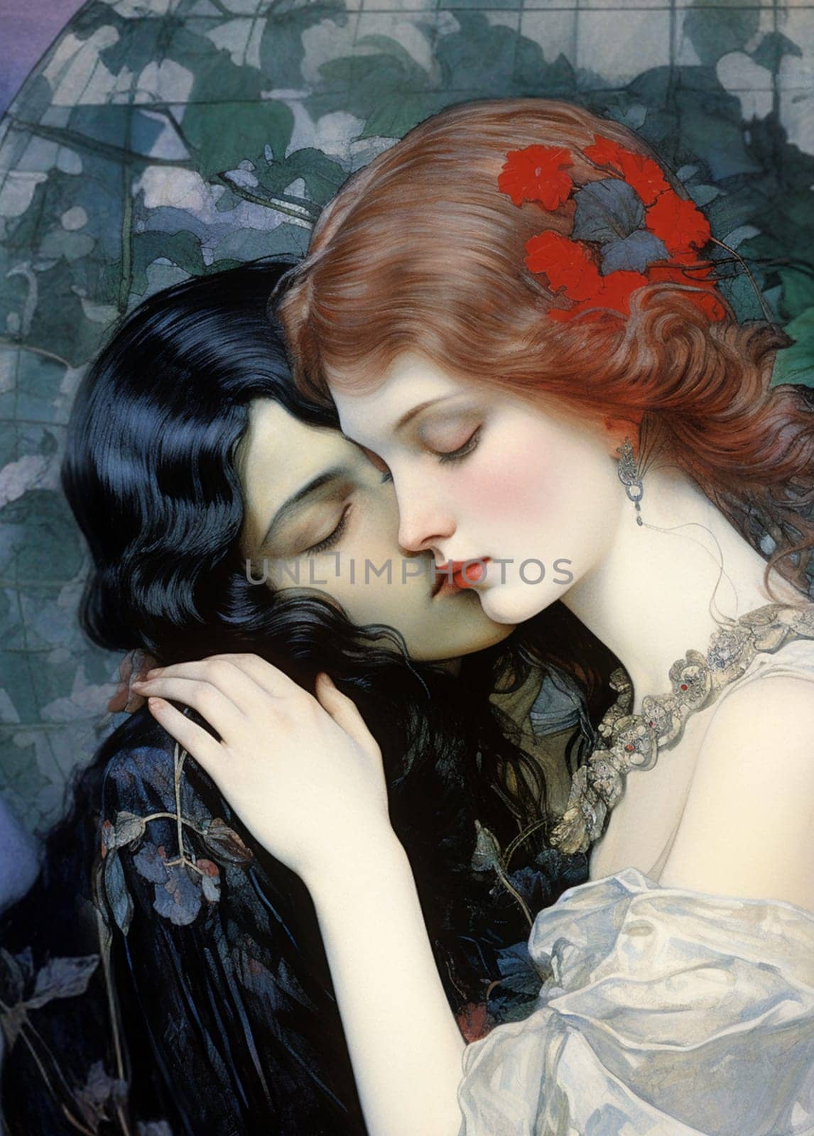 A romantic and intimate scene with a touch of vintage elegance: two women in a tender embrace. A woman with red hair adorned with scarlet flowers gently leans towards a dark-haired woman in a dark dress. She also softly kisses her on the lips, dreamily closing her eyes.