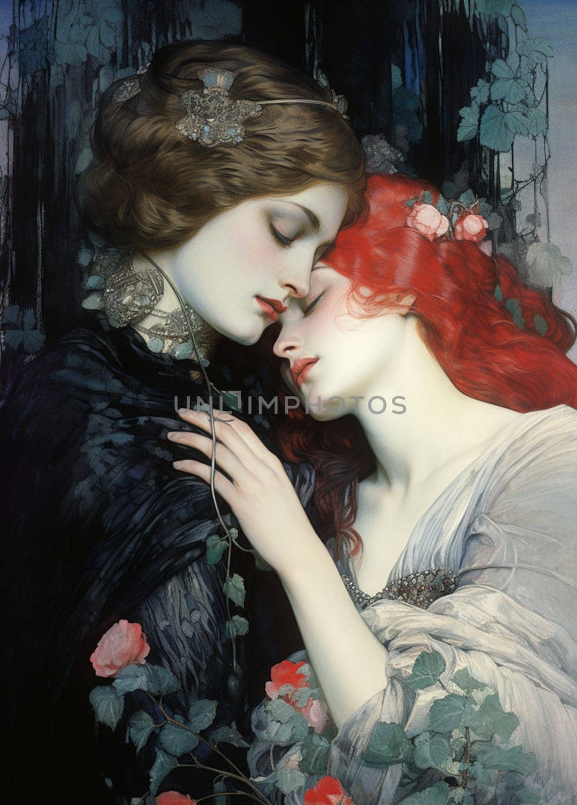Two women in an intimate embrace drawn in Gothic and Pre-Raphaelite aesthetics. One woman has dark brown hair arranged in an elegant hairstyle adorned with precious accessories, while the other has flowing red hair with delicate roses woven into it. The brunette gently leans against the redhead, their faces close, eyes half-closed, radiating tenderness and devotion.