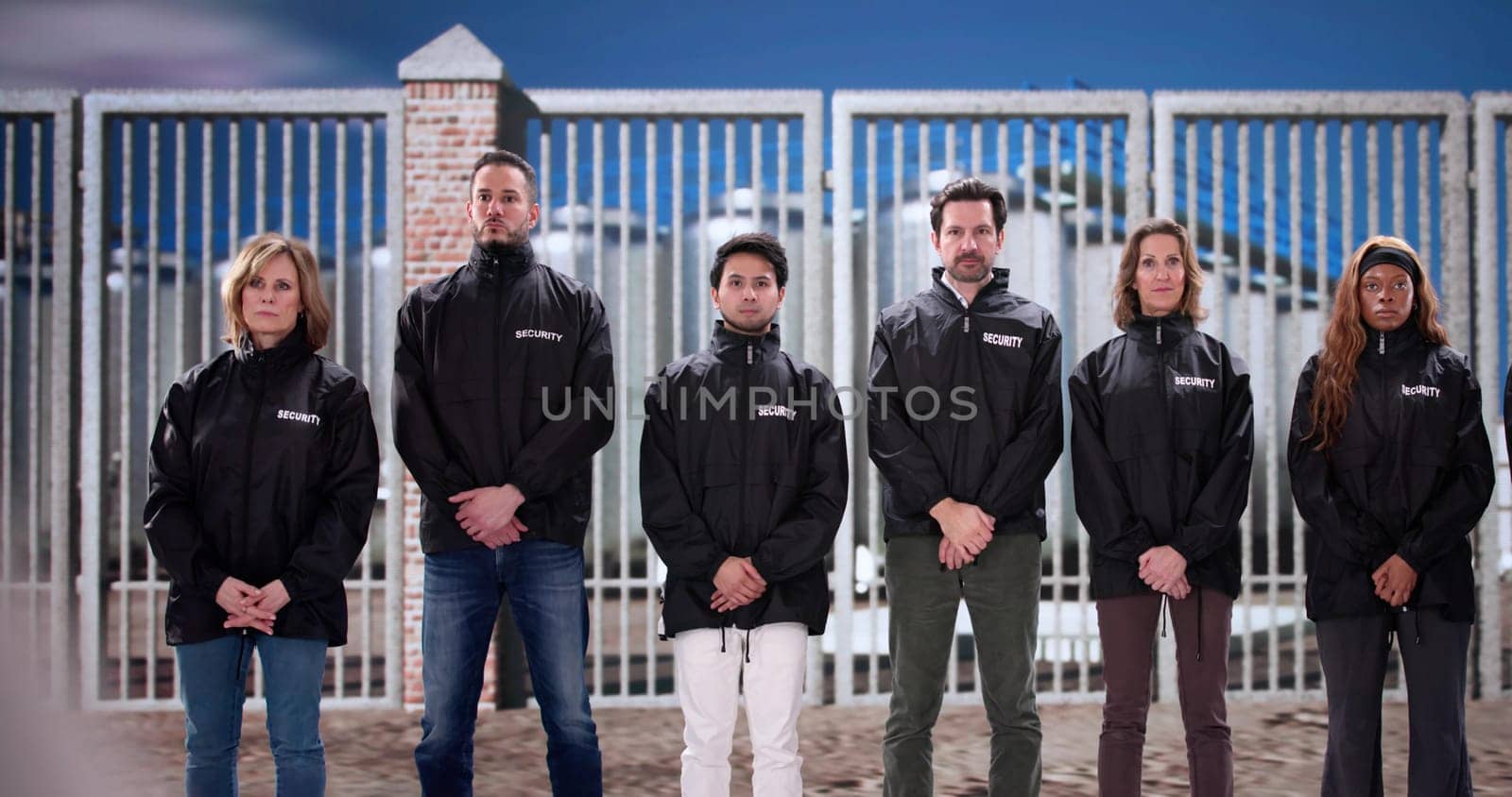 Diverse team of security guard officers safeguarding facility entrance gate.
