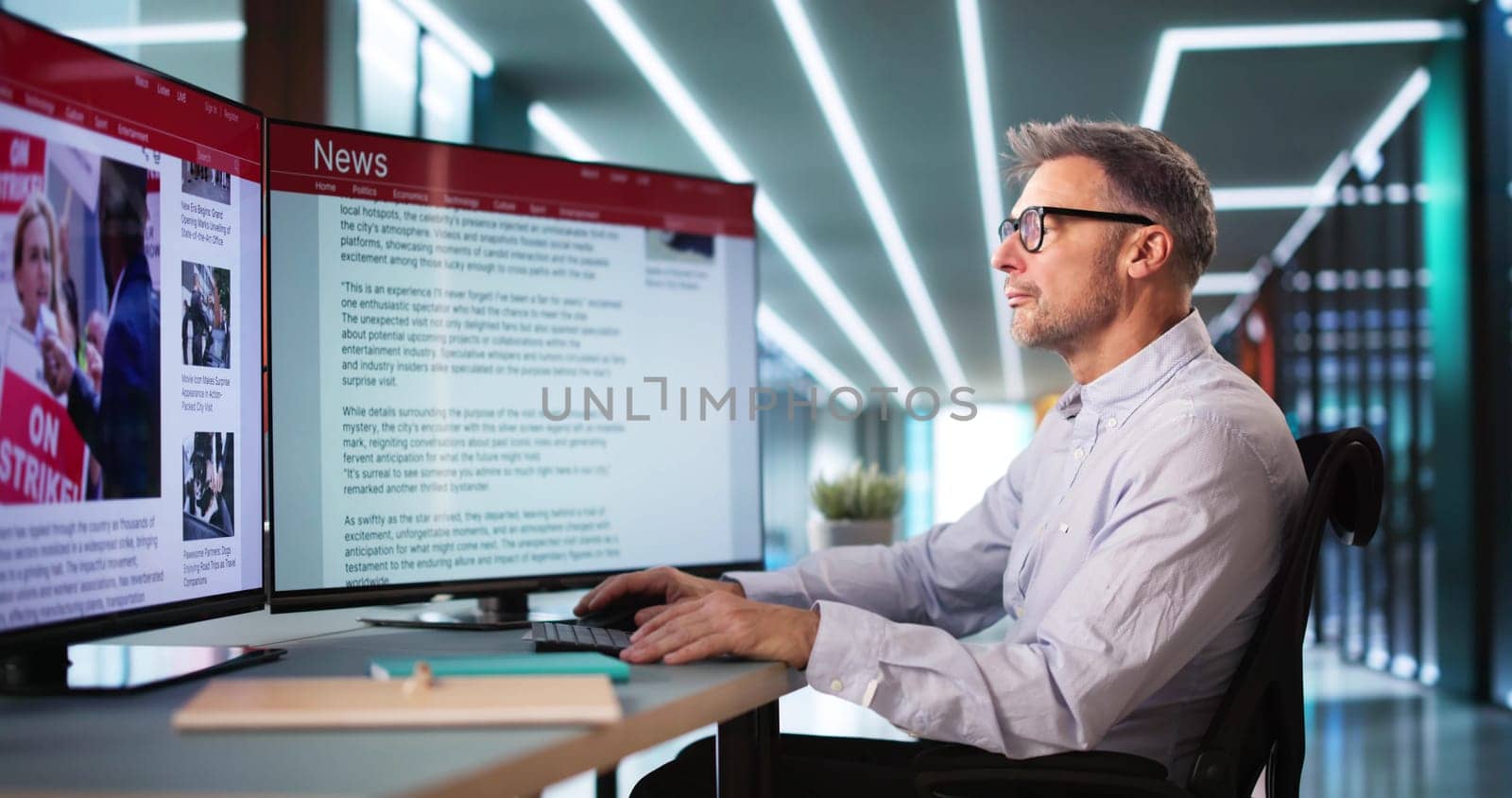 Man Looking At News In Online Newspaper On Computer