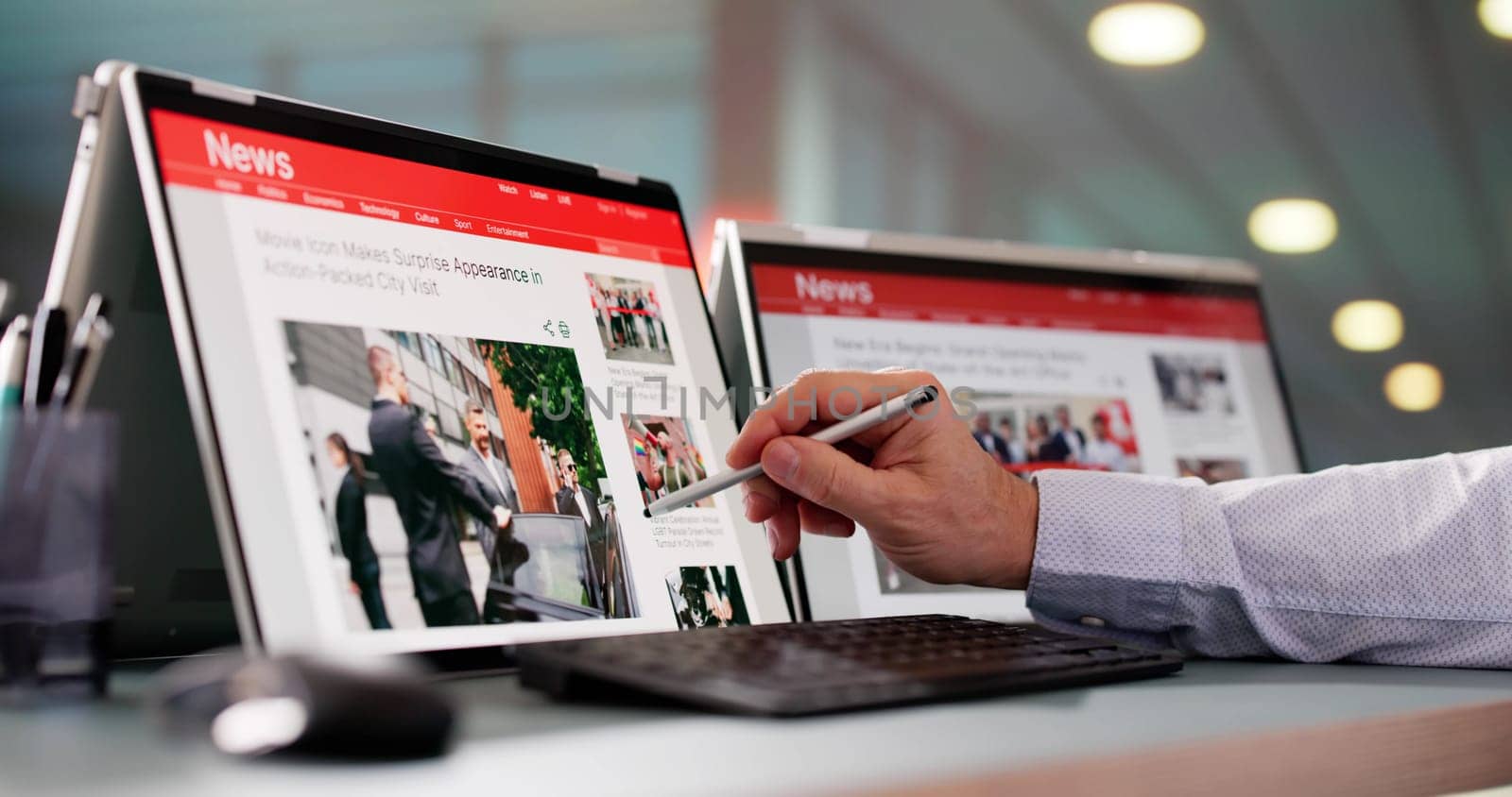 Watching News On Screen. Reading Newspaper Website On Laptop