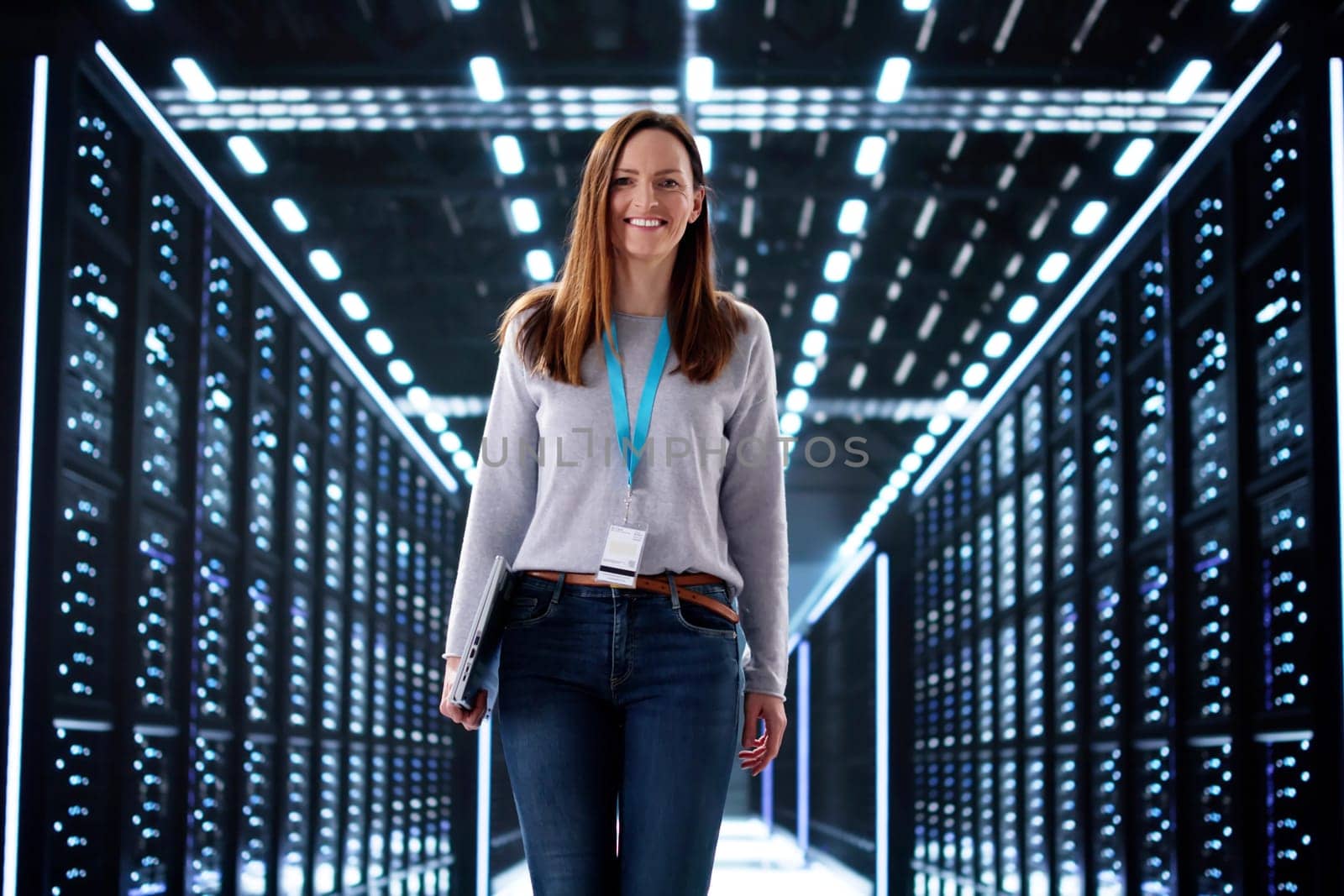 Smiling Woman Upgrading Data Center Server for Cloud Integration