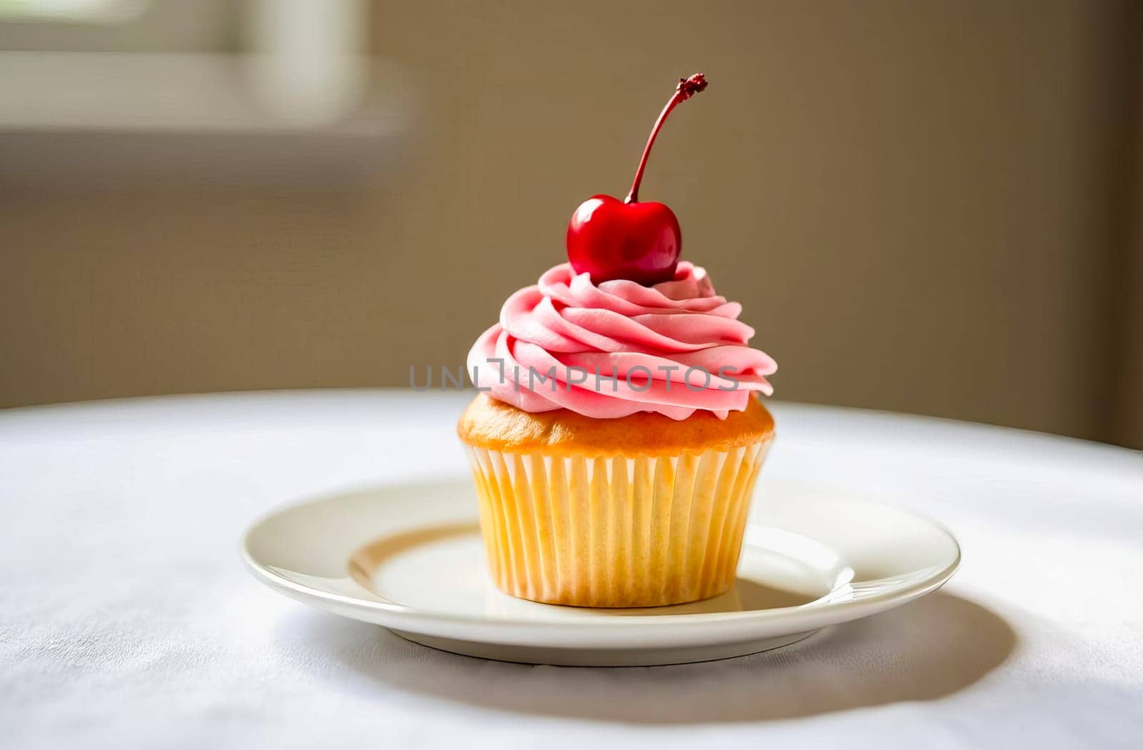 Exquisite vanilla cupcake with pink icing and cherries on a white plate. AI generated.