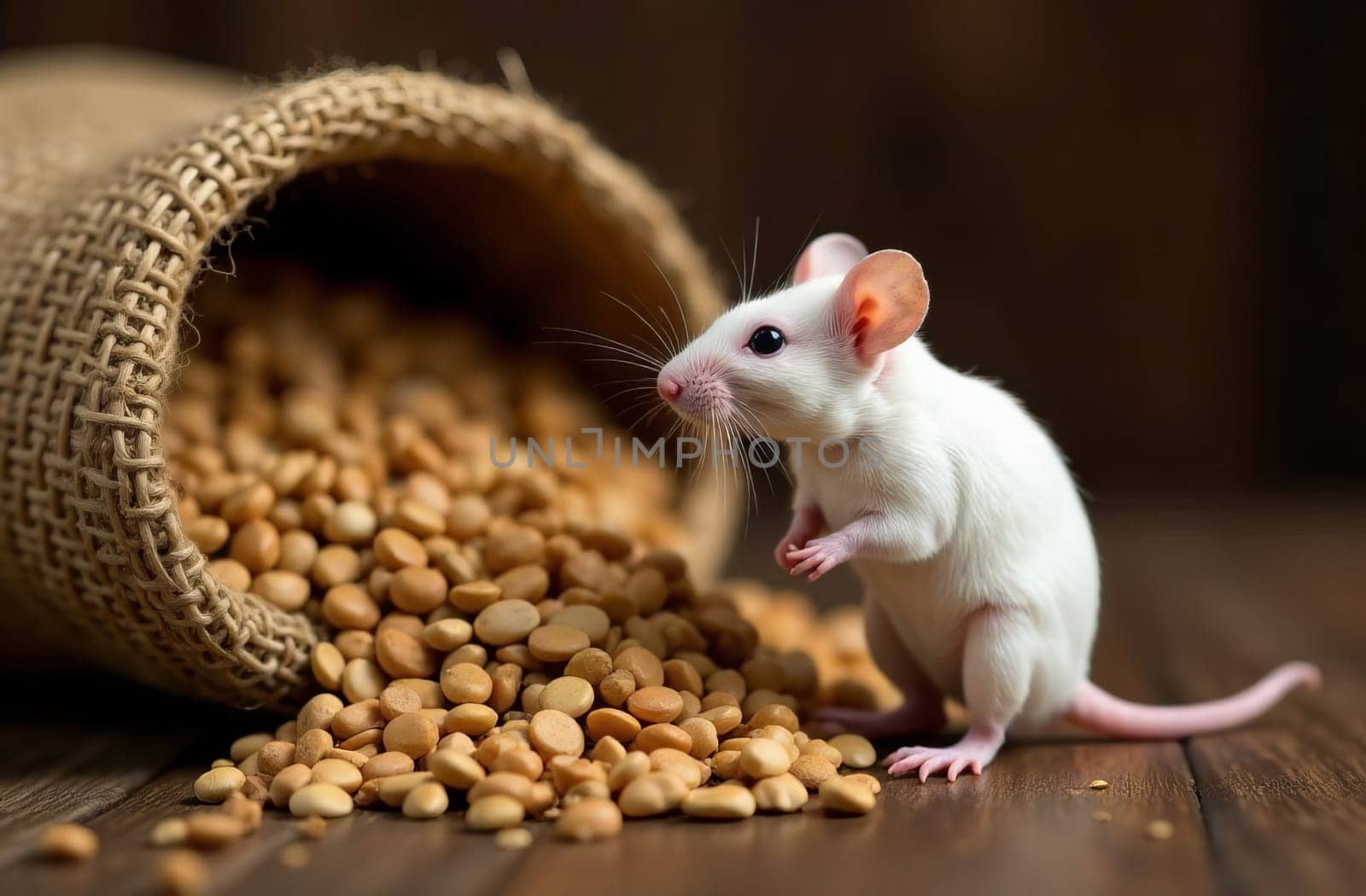 A small white mouse is interested in a bag filled to the brim with golden soybeans, symbolizing the contrast between nature and human food resources against the background of a rural interior.