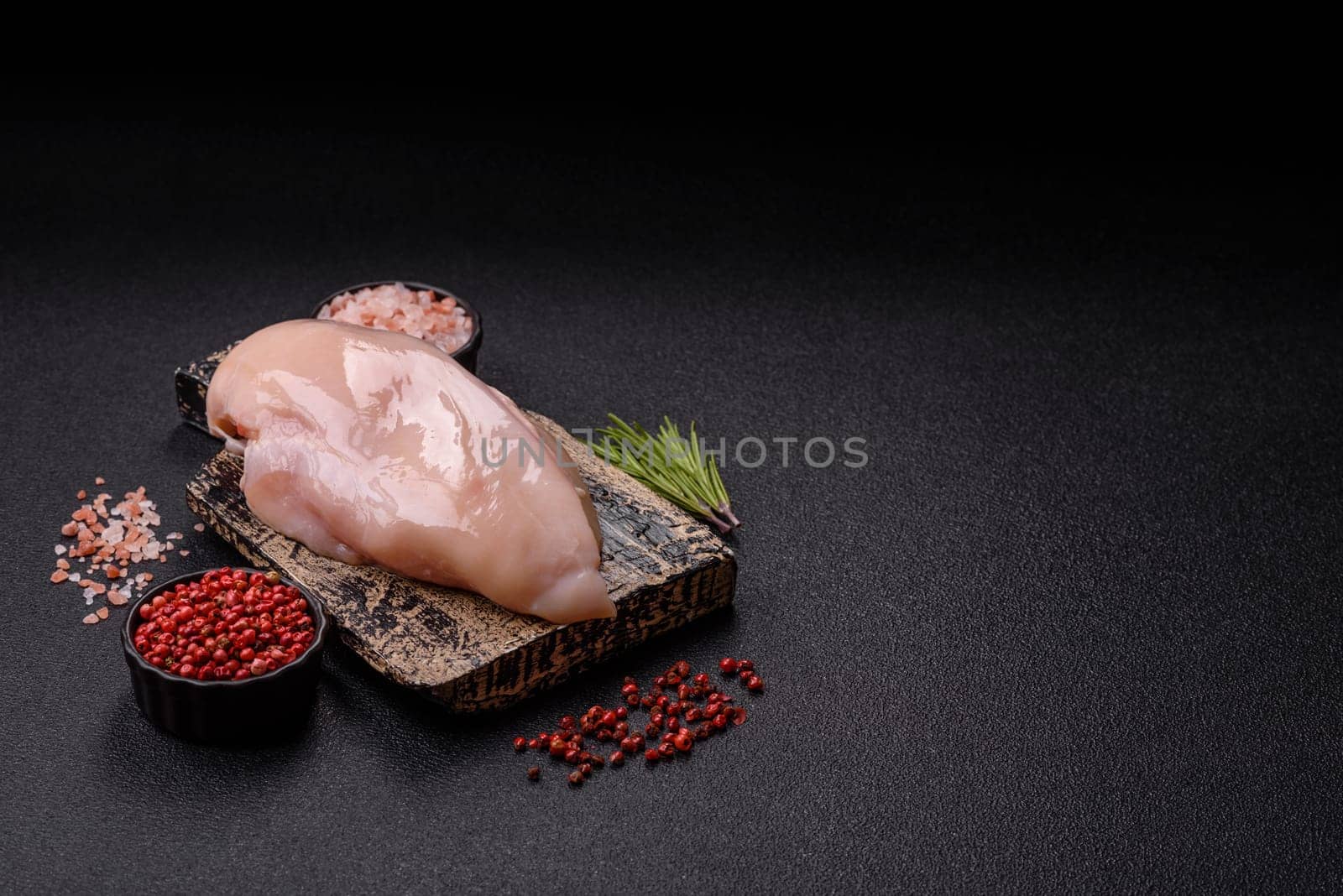 Raw chicken or turkey fillet with salt, spices and herbs on a dark concrete background