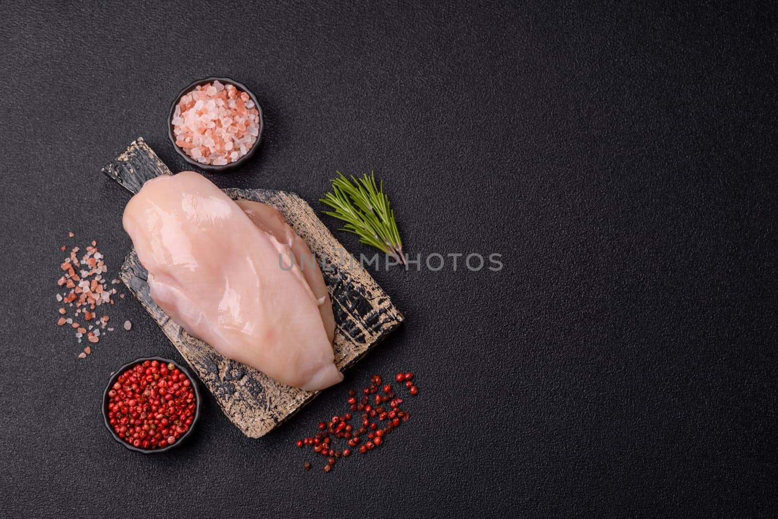 Raw chicken or turkey fillet with salt, spices and herbs on a dark concrete background