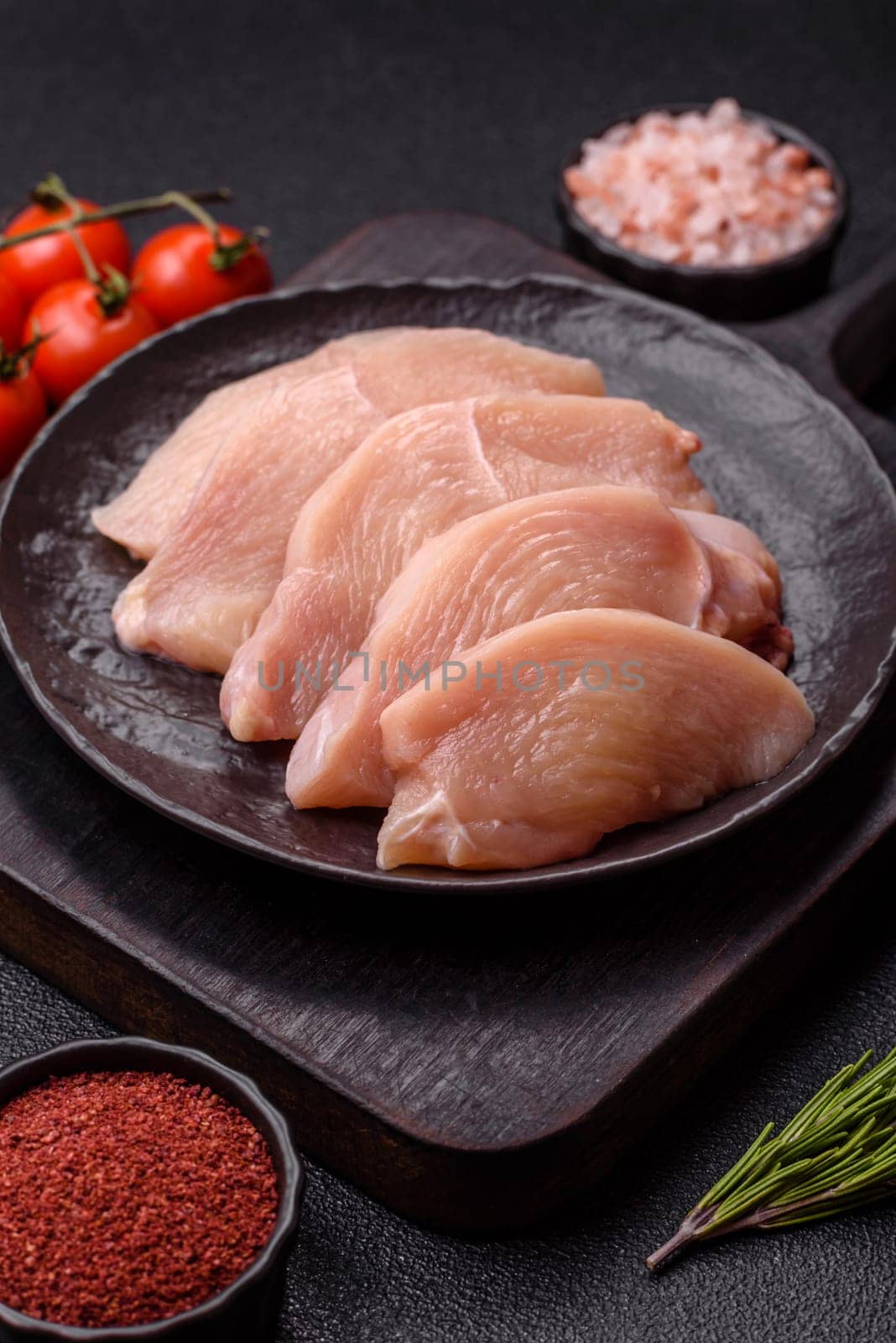 Raw chicken or turkey fillet cut into slices with salt, spices and herbs on a dark concrete background