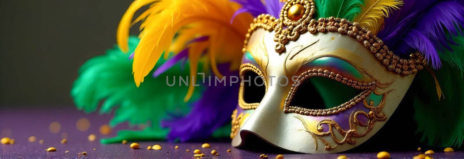 Mask with colorful feathers and golden decorations: mysterious art of mardi gras carnival, ready for masquerade party or venetian carnival theme.