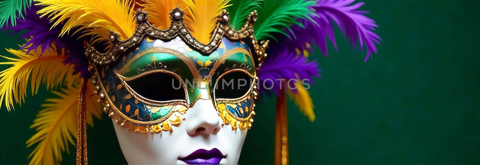 Mask with colorful feathers and golden decorations: mysterious art of mardi gras carnival, ready for masquerade party or venetian carnival theme.