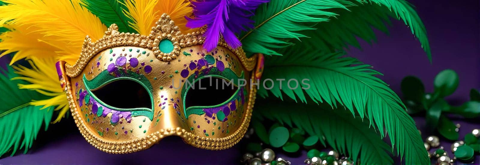Mask with colorful feathers and golden decorations: mysterious art of mardi gras carnival, ready for masquerade party or venetian carnival theme.