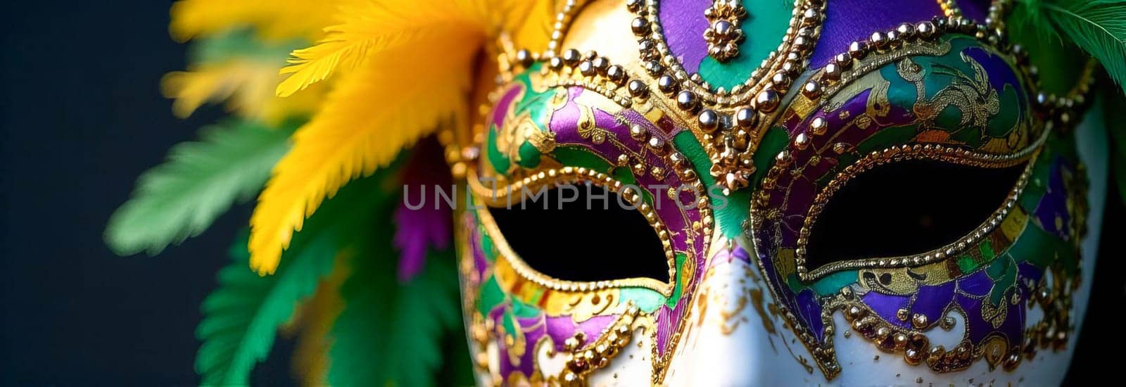 Mask with colorful feathers and golden decorations: mysterious art of mardi gras carnival, ready for masquerade party or venetian carnival theme.