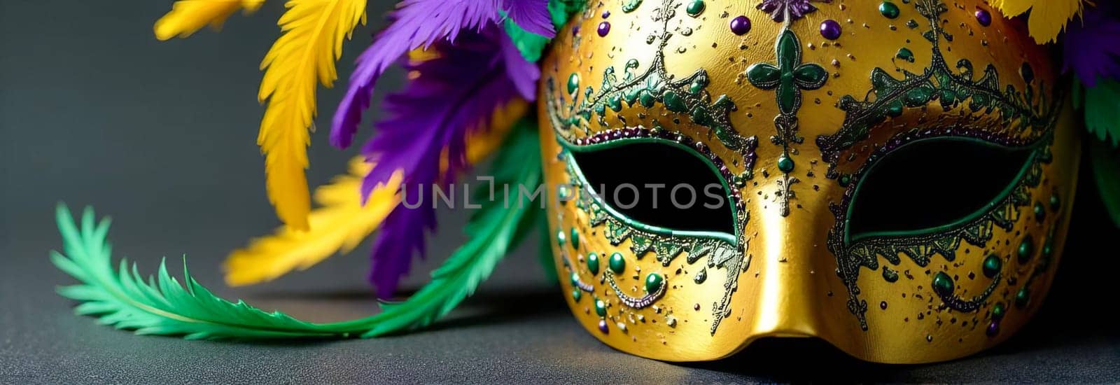 Mask with colorful feathers and golden decorations: mysterious art of mardi gras carnival, ready for masquerade party or venetian carnival theme.