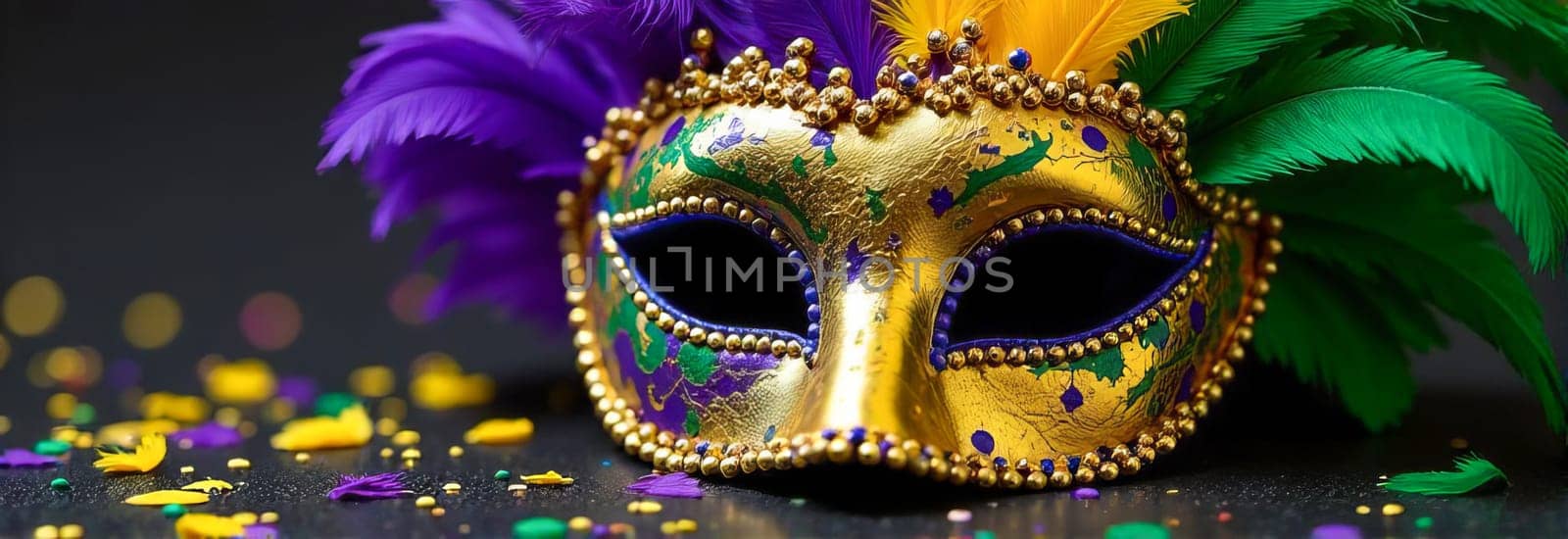 Mask with colorful feathers and golden decorations: mysterious art of mardi gras carnival, ready for masquerade party or venetian carnival theme.