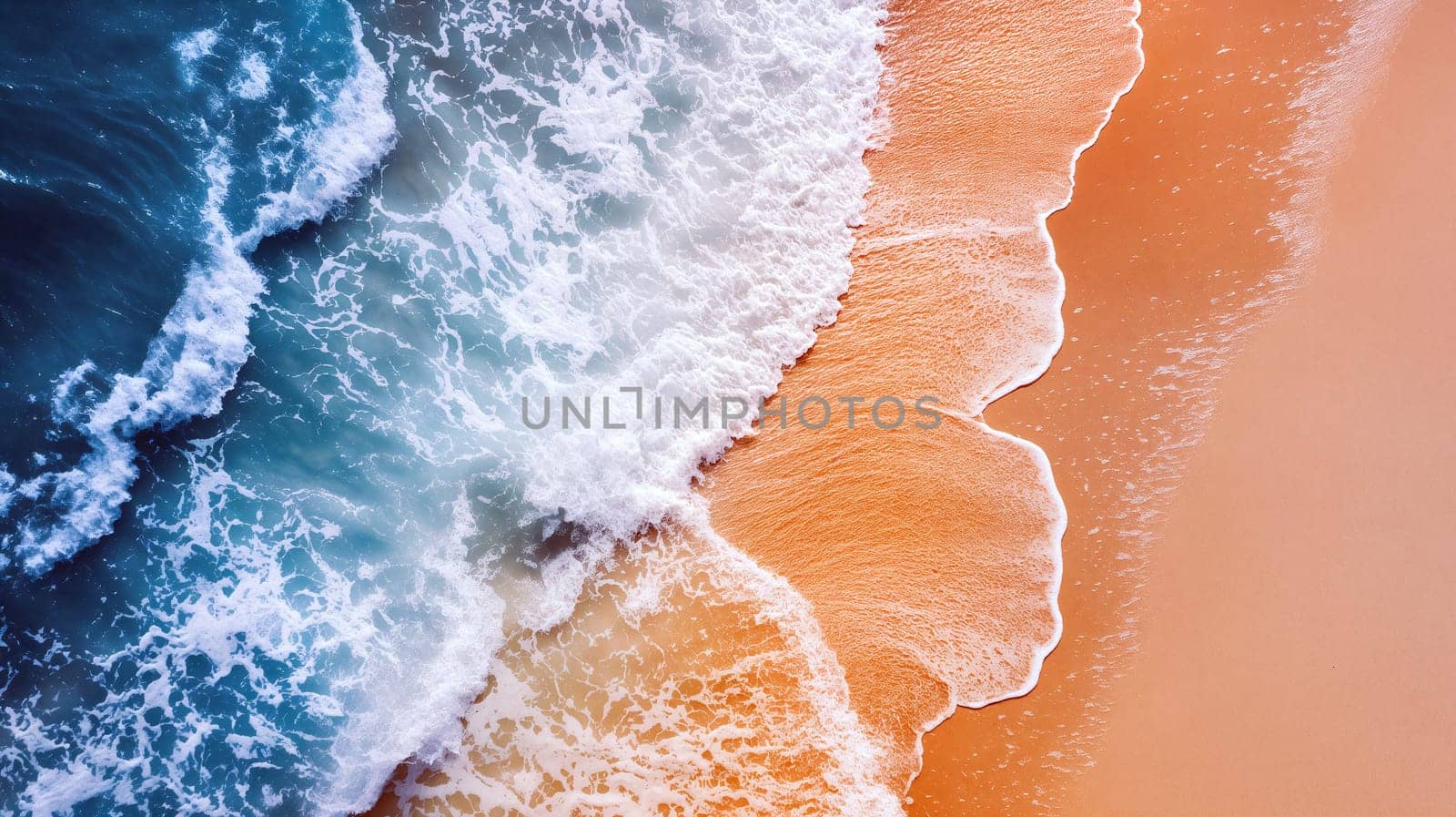 Gentle waves roll onto a golden sandy beach, creating a serene contrast with bright blue waters under sunny skies - Summer holidays - Generative AI