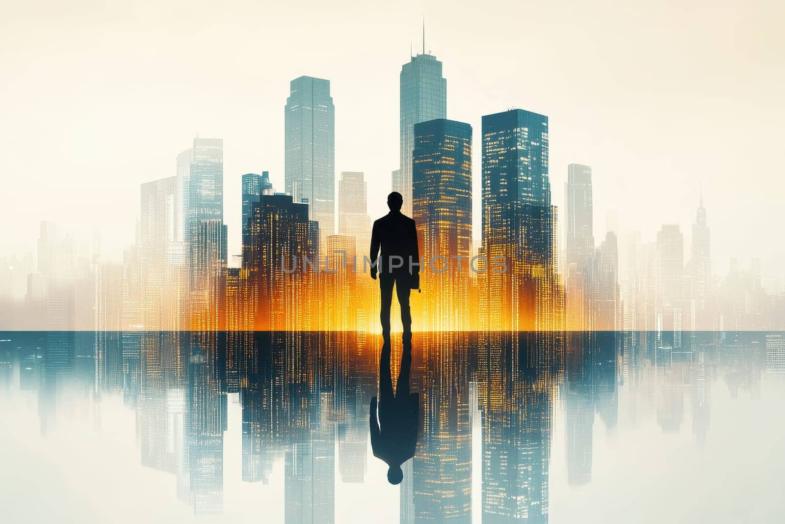 A modern silhouette stands before a vibrant city skyline, embodying ambition and inspiration. This image captures the essence of urban life and possibilities.
