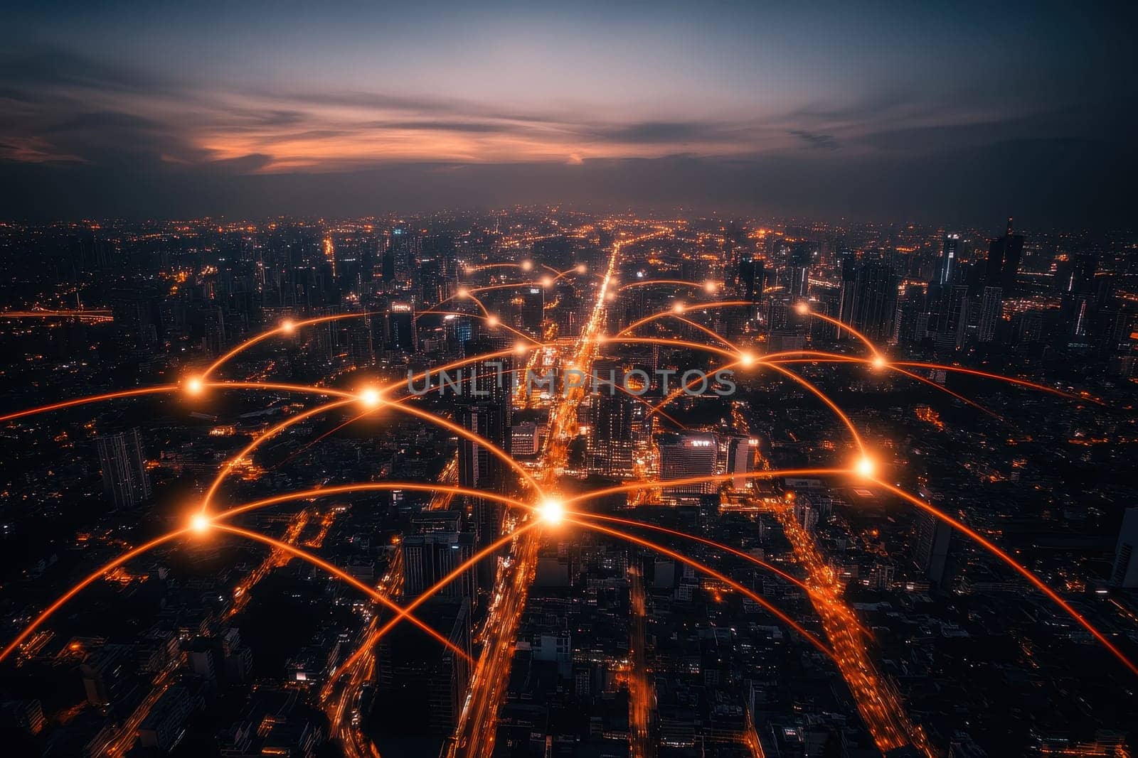 A mesmerizing aerial view captures a thriving urban business district at night, showcasing vibrant lights, intricate networks, and a bustling atmosphere.