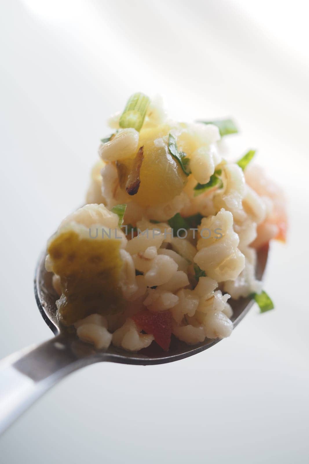 Delicious seasoned rice topped with fresh vegetables on a spoon