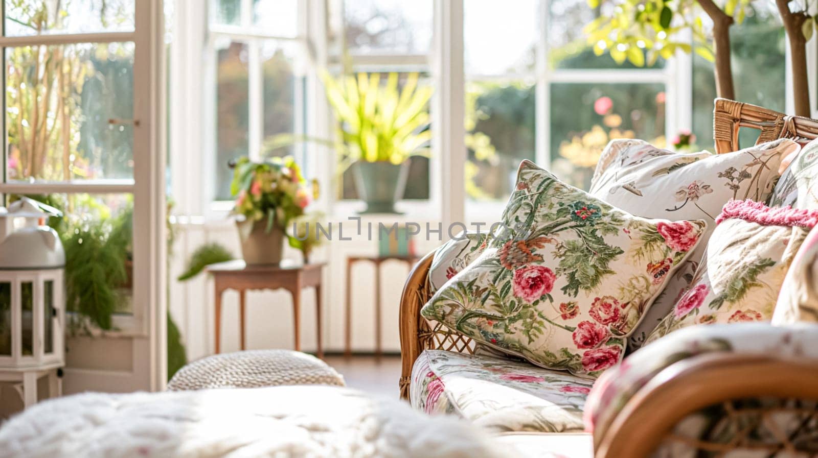 Colorful pillows on sofa against glass wall of window in a winter garden or conservatory. Interior textile concept. High quality photo