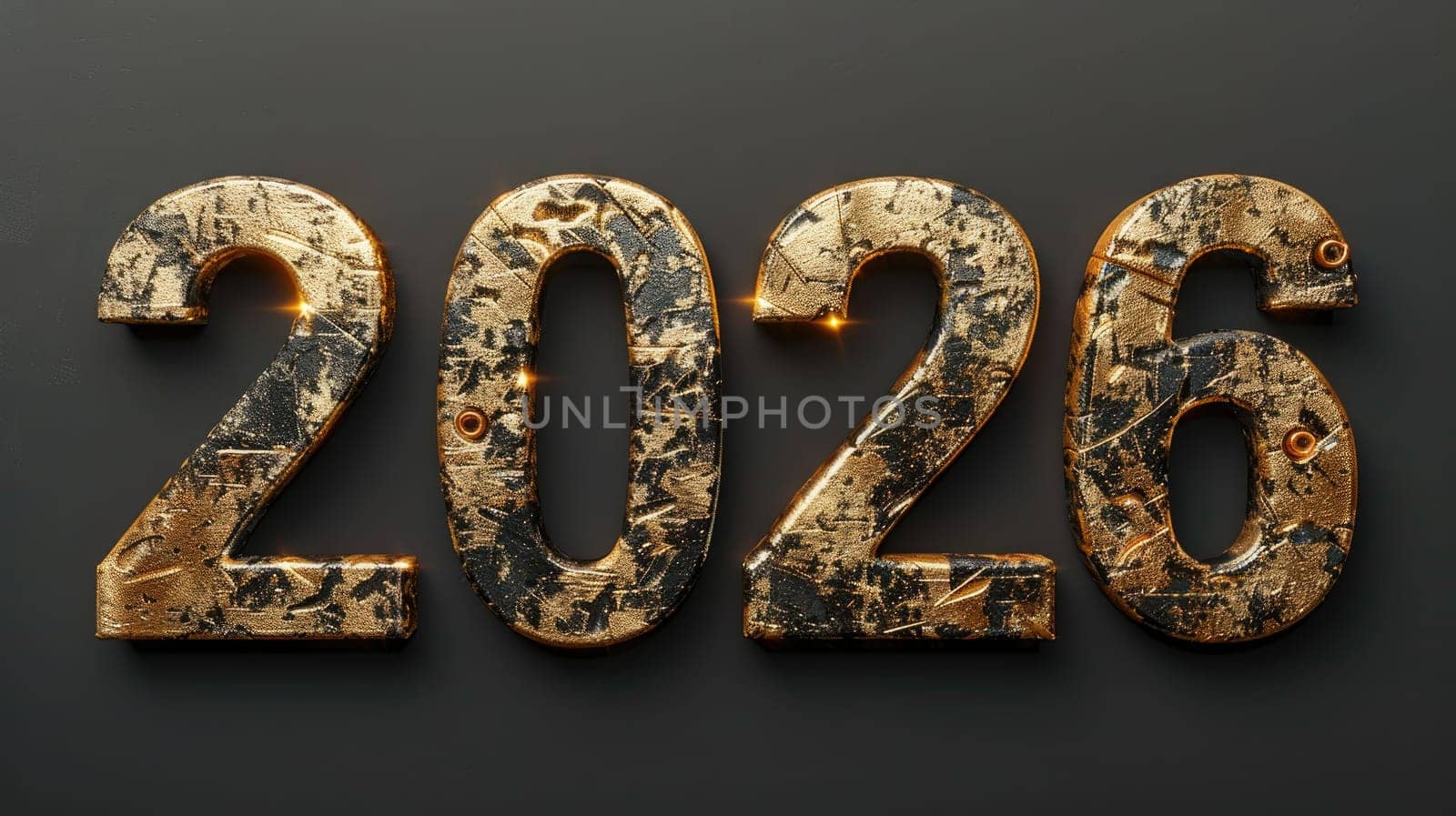Metallic numbers representing 2026 shine brightly with an intricate design. The artwork features gold tones and a textured finish, ideal for celebration themes and events.