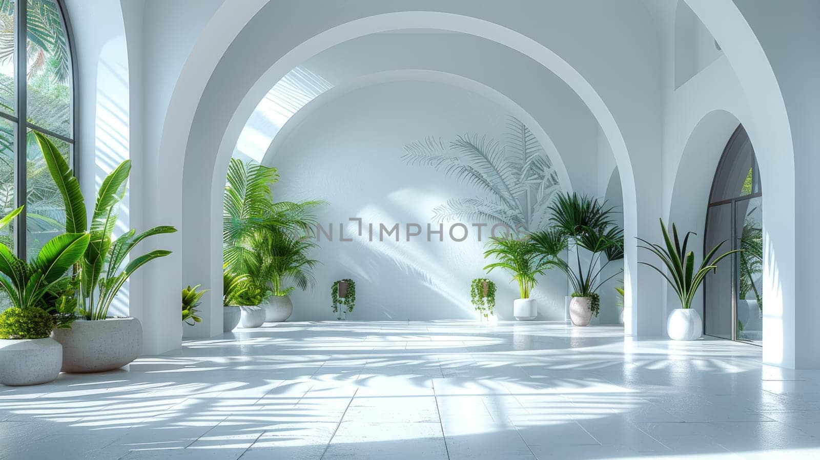 Sunlight fills a spacious room adorned with tall windows, illuminating stylish plants that enhance the serene ambiance. Clean lines and minimal decor promote a calming feel.