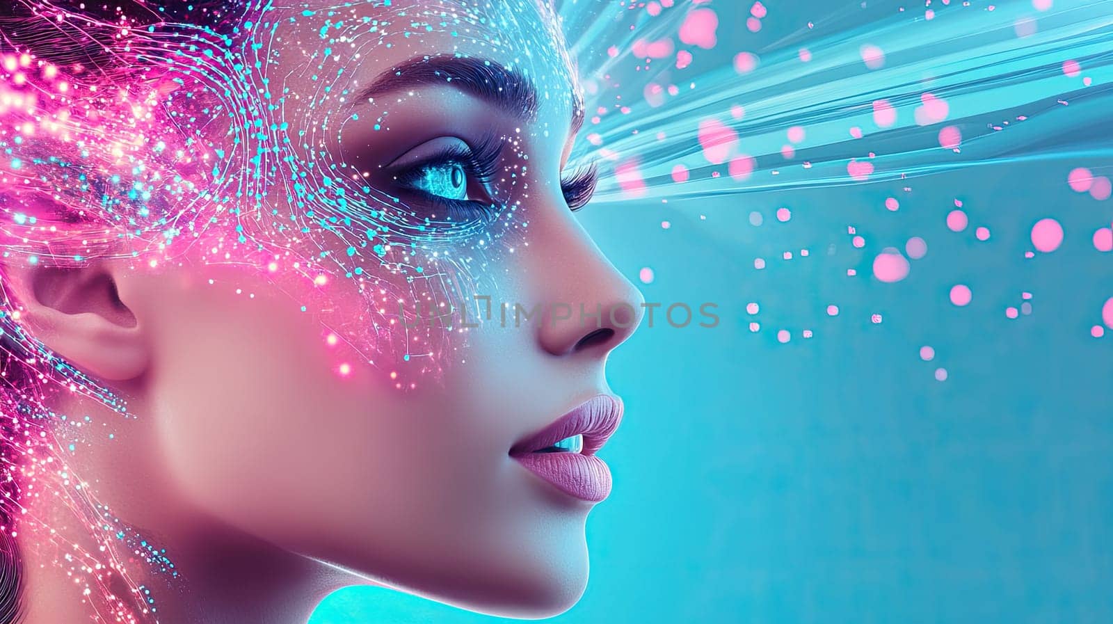 A young woman gazes away, her face illuminated by colorful, abstract digital patterns. The glowing designs create a striking visual effect against a blue background, merging art and technology.