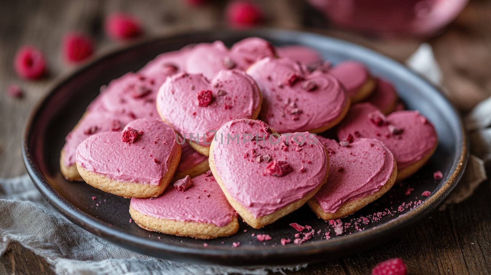 Delicious heart-shaped cookies topped with pink frosting and bits of raspberry are arranged on a rustic plate, creating a vibrant and inviting treat for any occasion.