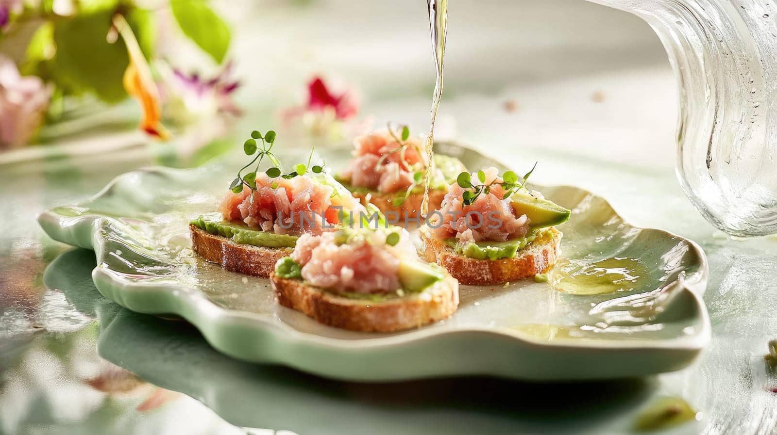 Three open-faced sandwiches are artfully arranged on a decorative plate, featuring fresh toppings and garnishes. Surrounding flowers enhance the colorful presentation.
