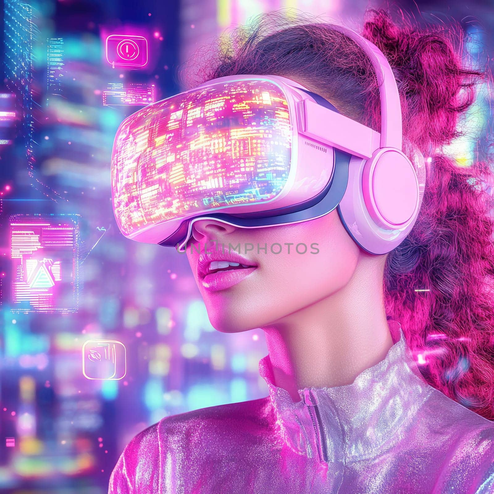 A woman is immersed in virtual reality wearing a sleek headset and headphones, surrounded by a colorful cityscape filled with glowing digital elements. The atmosphere is high-tech and energetic.