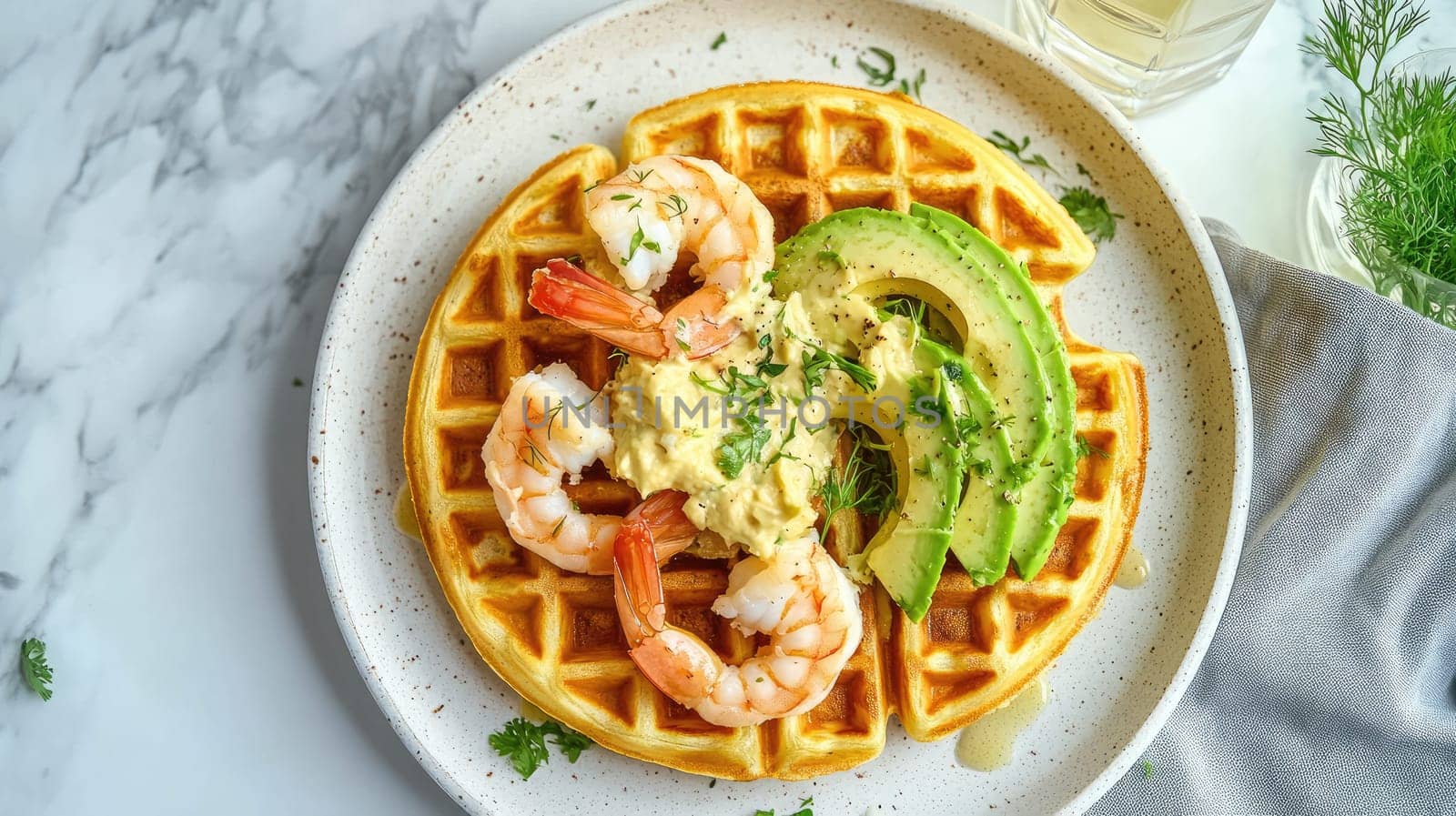 A beautifully presented dish showcases a golden waffle topped with succulent shrimp, creamy avocado slices, and a dollop of flavorful spread. Fresh herbs add a vibrant touch.