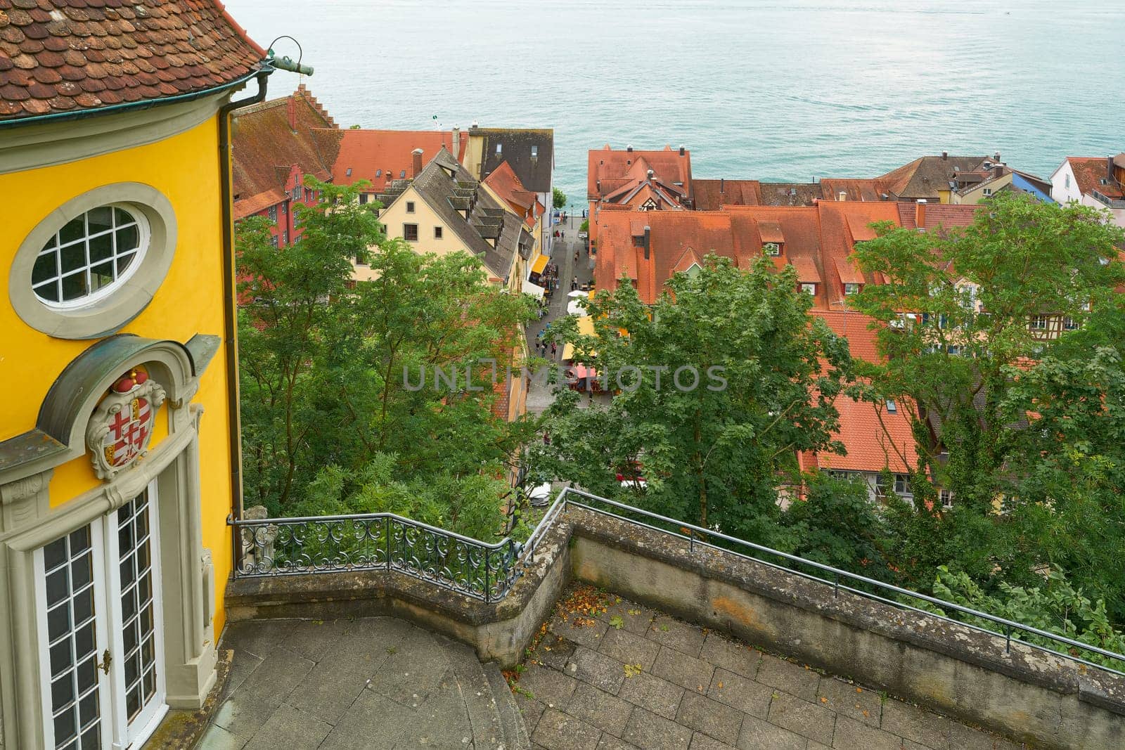 Meersburg, Germany – August 03, 2024: View from Meersburg Castle to the town of Meersburg on Lake Constance, Bodensee in Germany