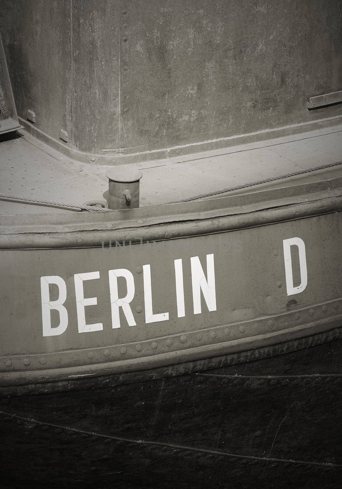 Detail of an old barge at Fischerinsel with the inscription of the home port of Berlin