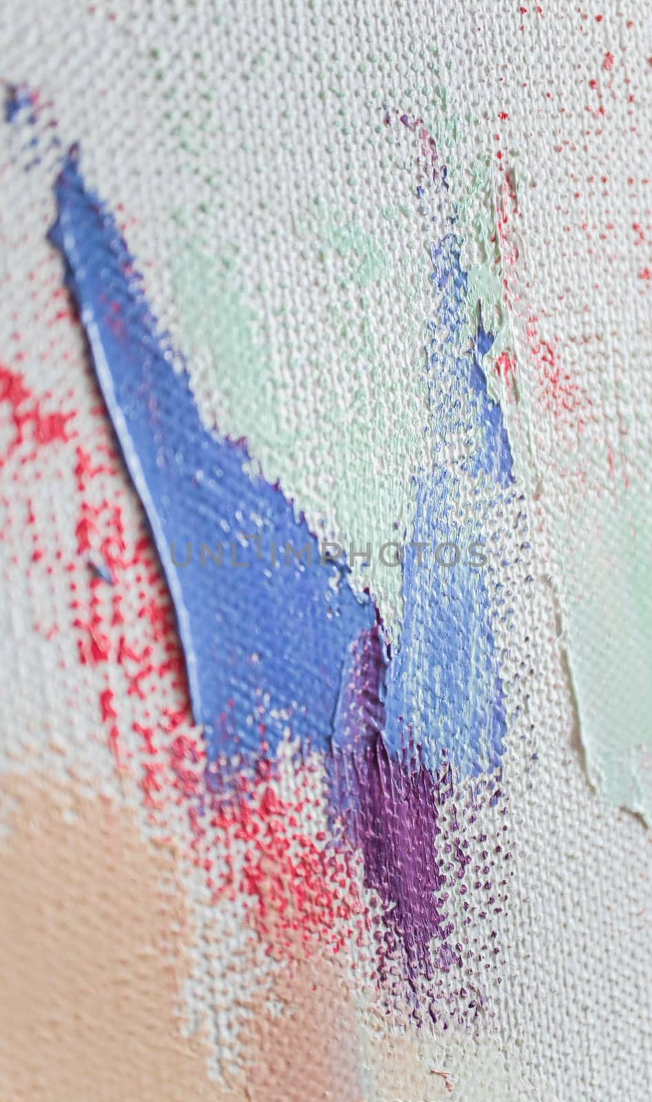 This artwork showcases a close-up view of oil paint on canvas, capturing the intricate layers of vibrant colors like blue, purple, and red, emphasizing texture and depth in the composition.