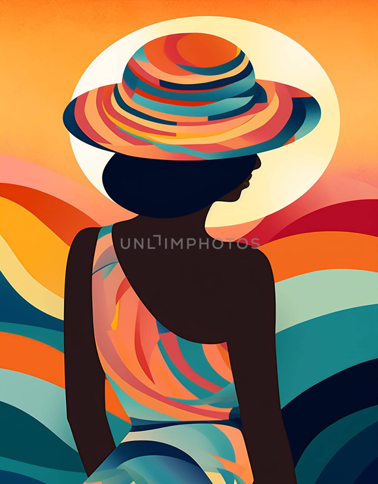 young woman beach vacation hat black tanned concept beige beautiful summer. Generative AI. by Vichizh