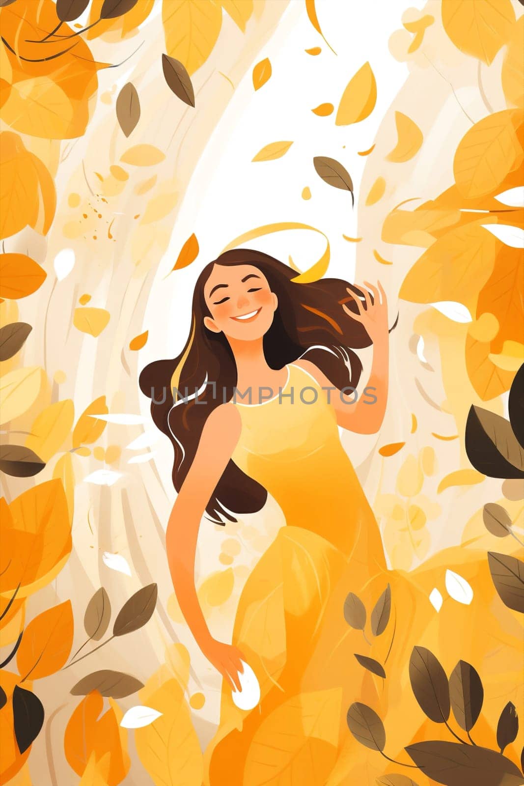 Happy cute fall character autum leaf meditating active women nature art cartoon by Vichizh