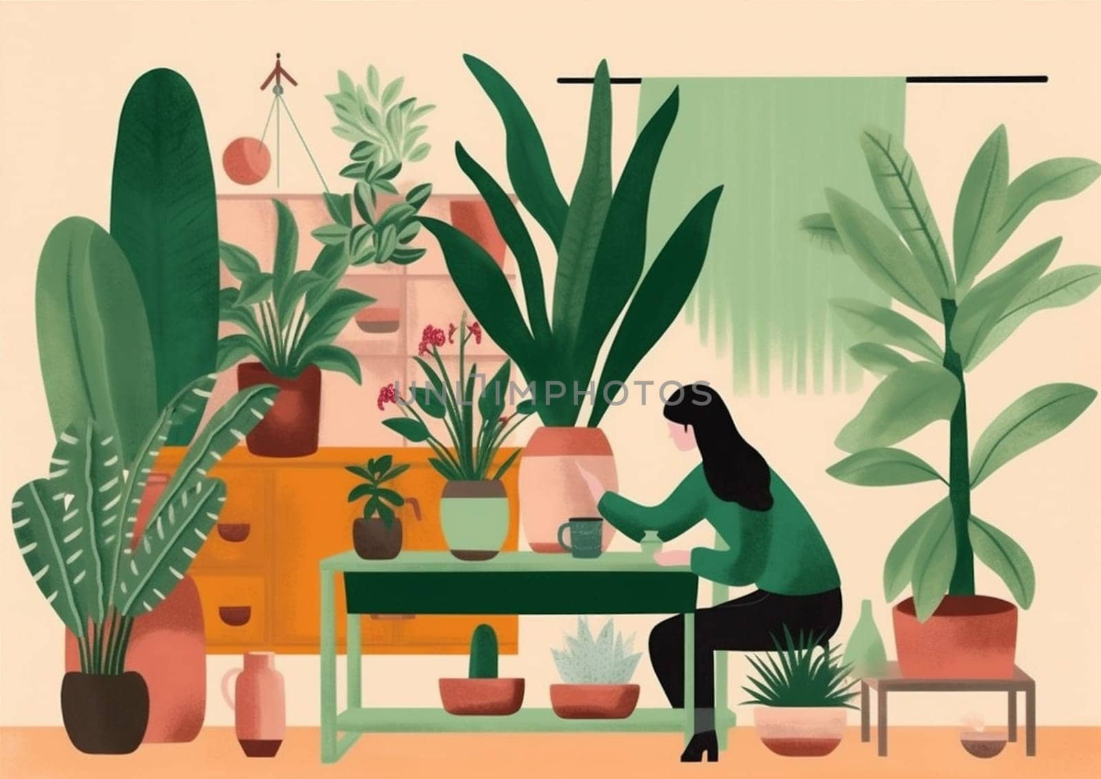 houseplant woman indoor hobby entrepreneur florist botanist gardener care flower pot. Generative AI. by Vichizh