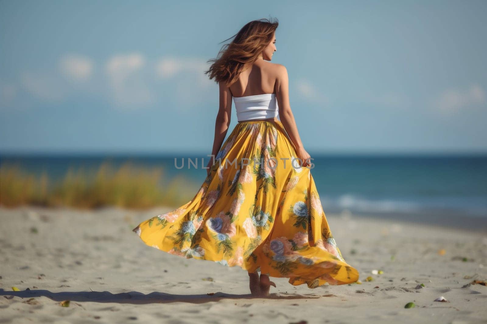 woman dress sun summer sea fashion lifestyle beautiful person hippie beach. Generative AI. by Vichizh