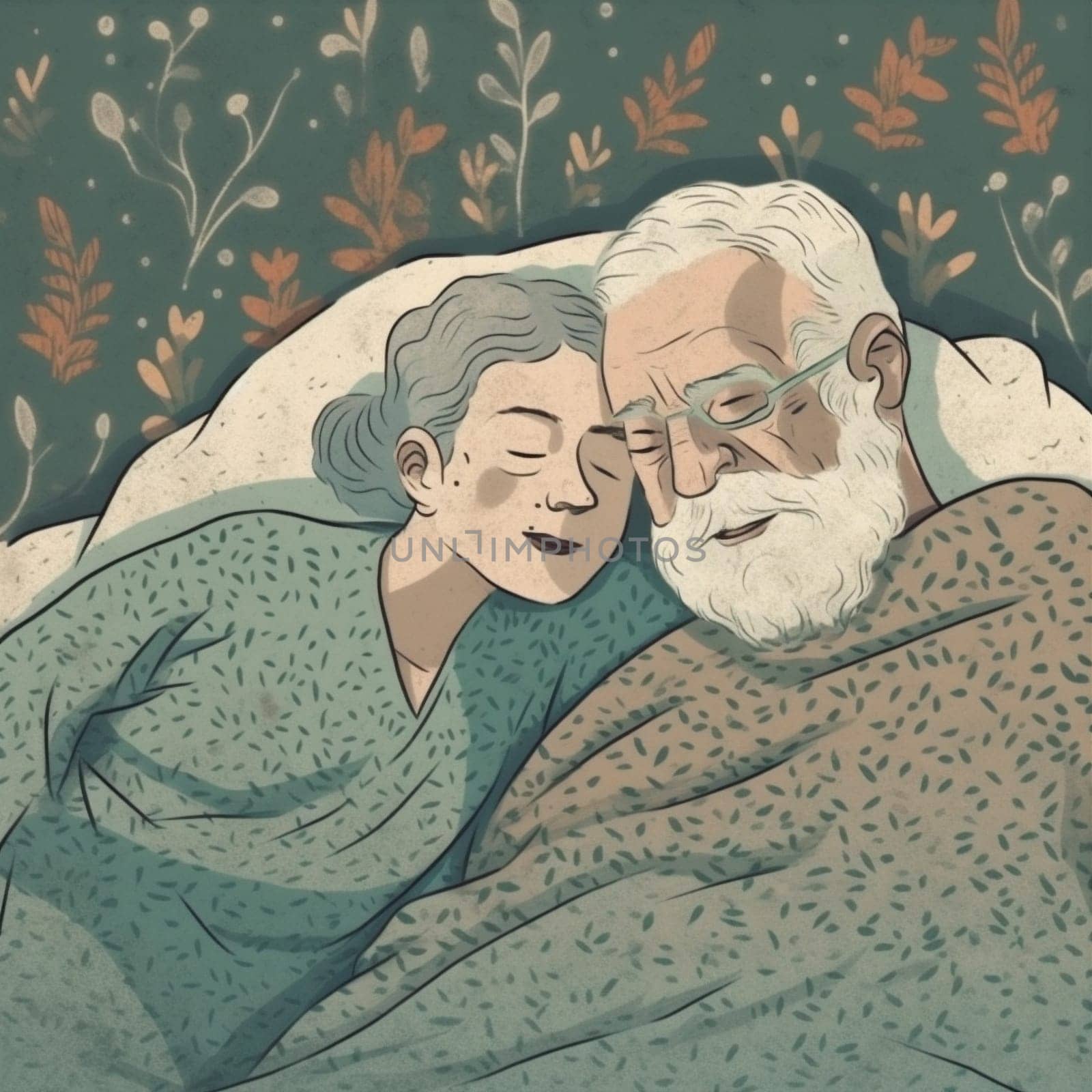man woman asleep bed cartoon happy couple old together elderly retired love. Generative AI. by Vichizh