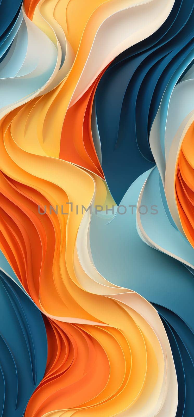 Vibrant bursts of orange, yellow, and blue waves bold graphic illustration - Generative AI. by simakovavector