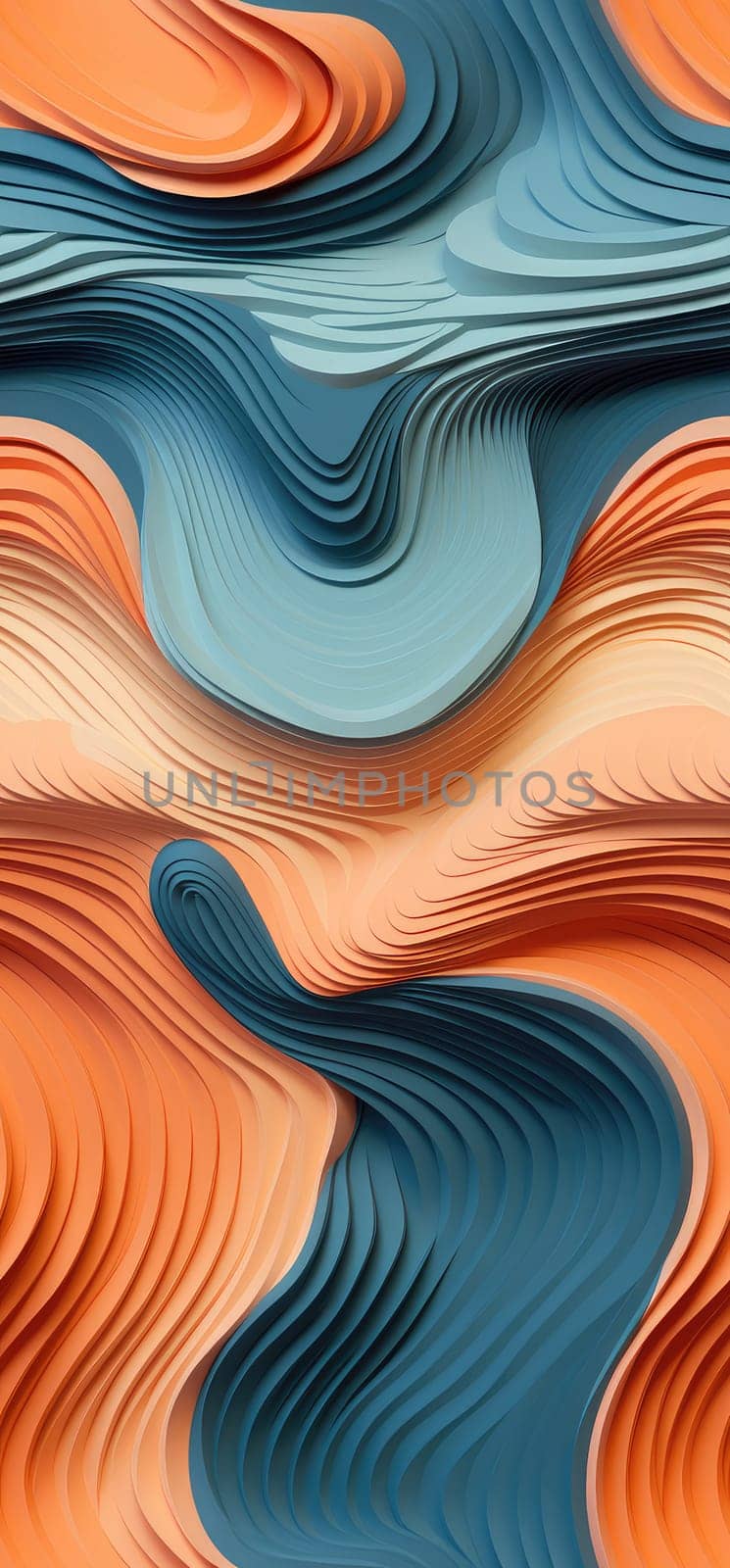 Orange, yellow, and blue waves bold graphic illustration - Generative AI. Pastel, iphone, wallpapers, blue, orange.