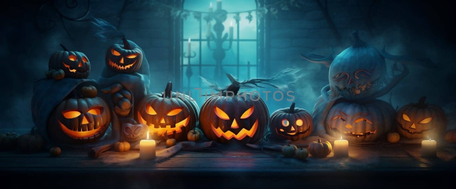 night table forest grave pumpkin scary halloween jack jack-o-lantern autumn evil silhouette fear background illustration copyspace horror blue dark mystery glowing. Generative AI.