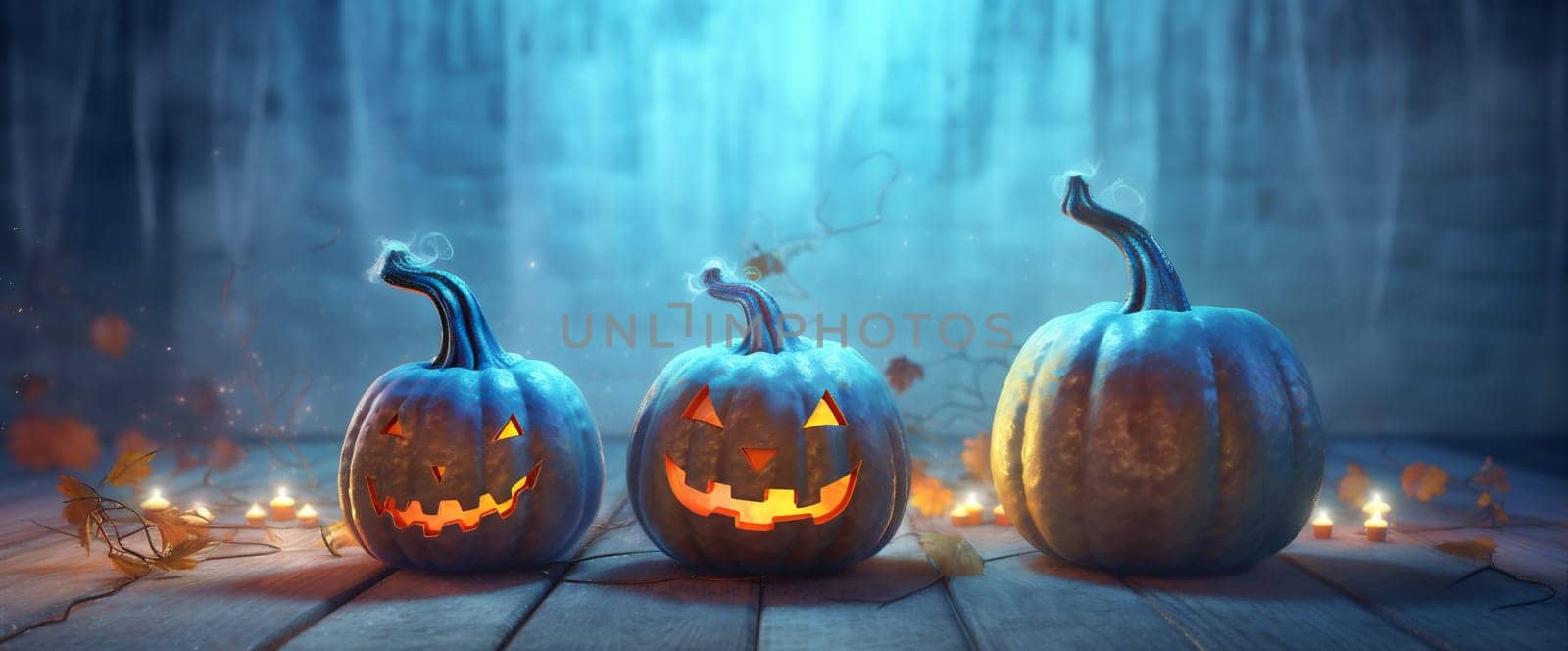 table halloween fear horror evil mystery pumpkin blue wooden night background. Generative AI. by Vichizh