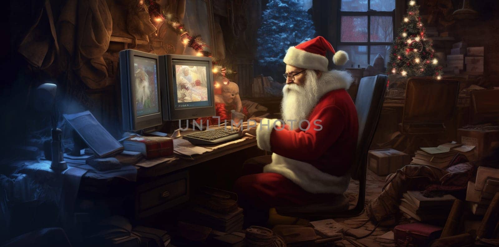 christmas happy character holiday communication laptop santa house home family. Generative AI. by Vichizh