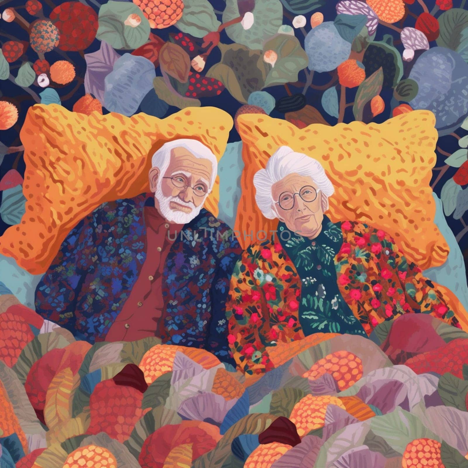 woman man together love asleep book happy retired aged old couple bed. Generative AI. by Vichizh
