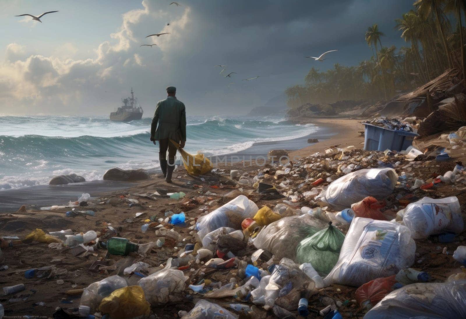 An environmental disaster on a beach. Garbage, plastic pollution, and discarded bottles . AI generation